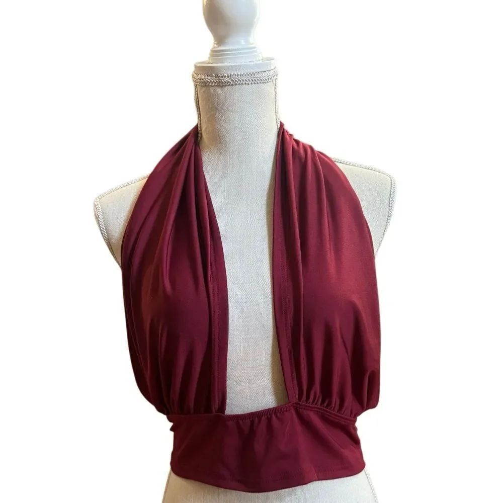 Shein Women's Cowl Halter Neck Open Back V Neck Crop Top in Garnet Red Large